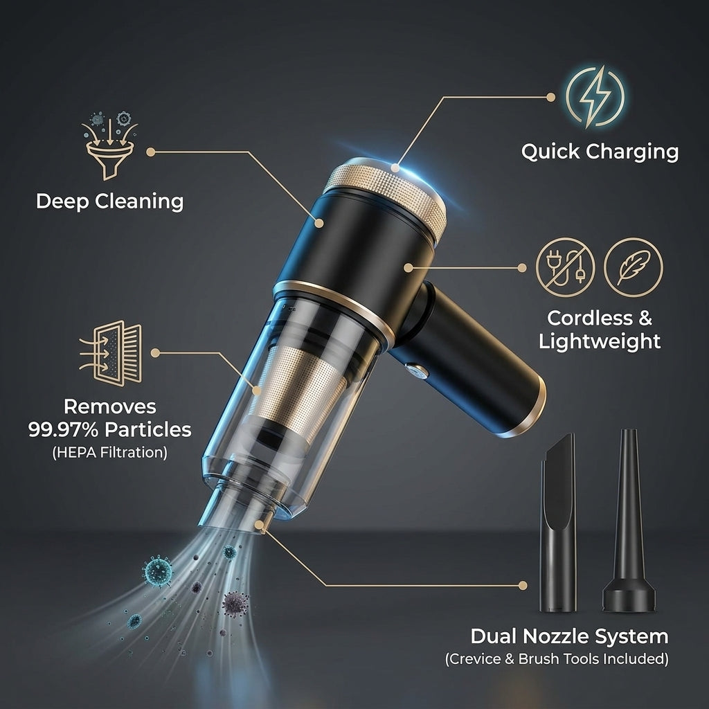 Dodoto Lux Air V3 cordless mini handheld vacuum cleaner, 16000Pa suction power.
